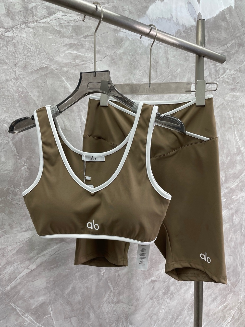 ALO Yoga Olive Green Sports Bra & Bike Shorts with White Contrast Trim